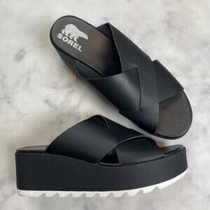 SOREL Cameron Black Leather Crisscross Slide Sandals Flatform Peep Toe Sz 9